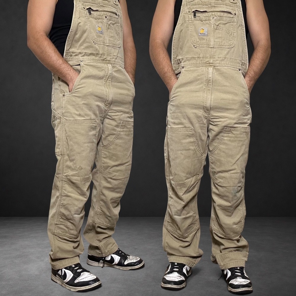 Carhartt Relaxed Fit Duck Bib Overalls Tan Khaki Skater Workwear 34 x 32